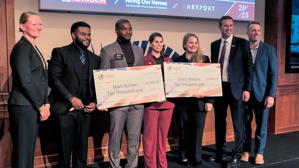 Transition Trucking: Driving for Excellence winner Charles Jones, Jr. and runners-up Mark Scriven and Mary Mattice with personnel from Kenworth and the U.S. Chamber of Commerce.